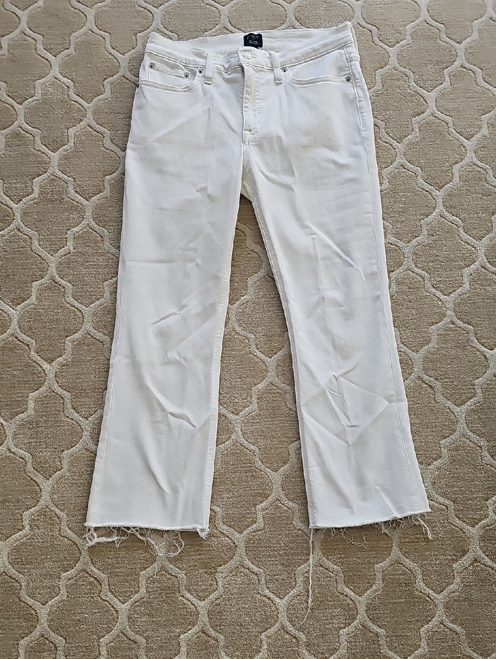 J. Crew Mid-Rise Flare Crop White Denim Jeans with Raw Hem